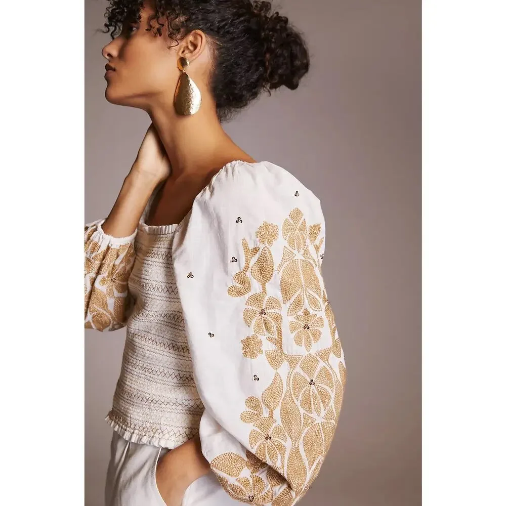 NWT Anthropologie Smocked Embroidered Top Size Small Cream Sequin Boho Chic